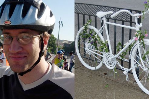 Photo of James Langergaard courtesy Streetsblog; Langergaard's ghost bike via Ghost Bikes.